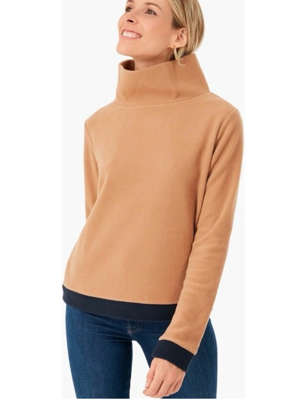 Dudley Stephens Park Slope Turtleneck Tan Navy Colorblock Fleece XS Preppy